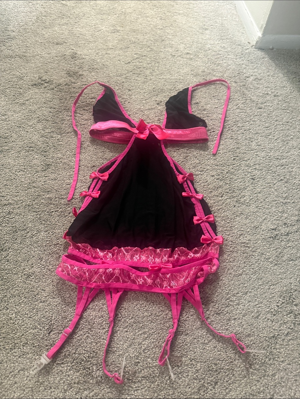 Black & Hot Pink Lace-Trim Chemise with Garter Straps